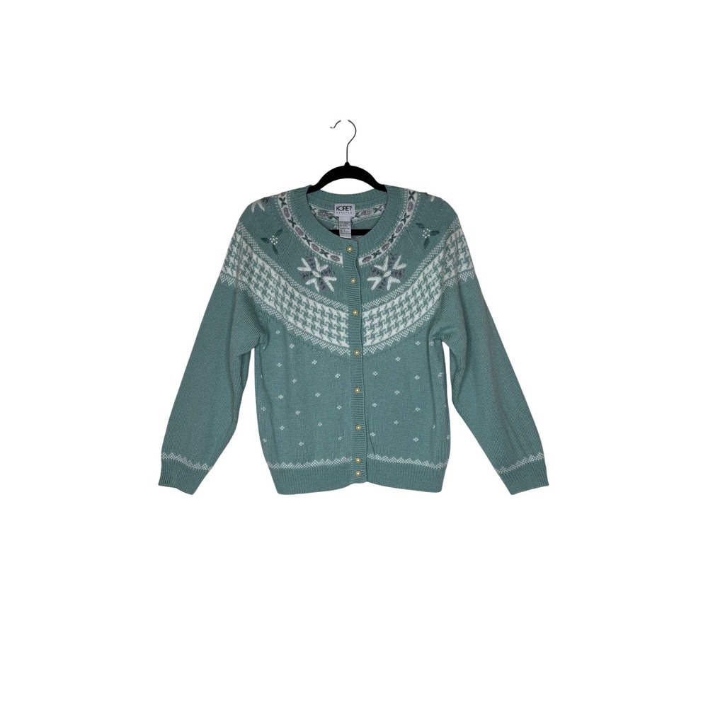 Vintage Koret Sweater Light Teal Fair Isle Pearl Beading Size SP Grandmacore